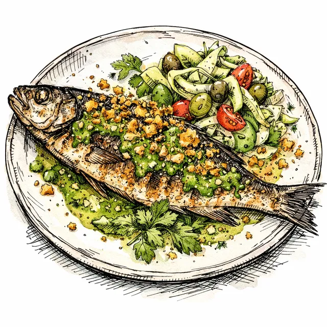 Saturday Whole-Roast Branzino with Green Zhug–Tahini Baste, Fennel–Olive Smashed Salad, and Crispy Oregano Breadcrumbs