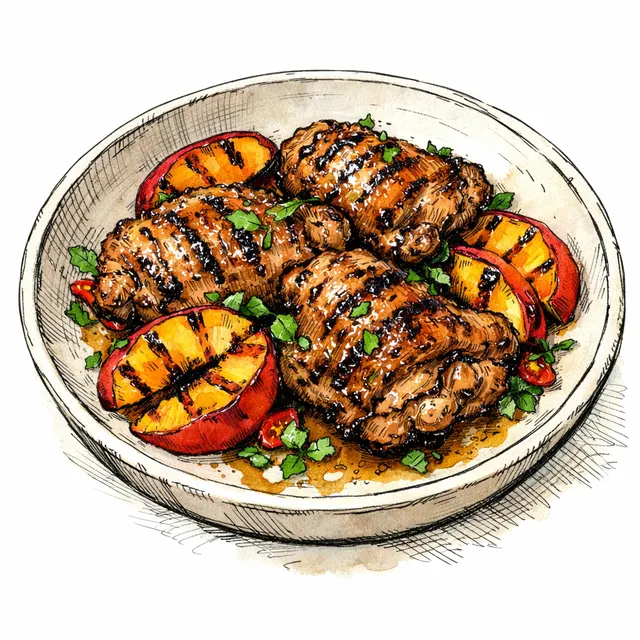 Grilled Bone-In Chicken Thighs with Charred Peach & Fish Sauce Glaze