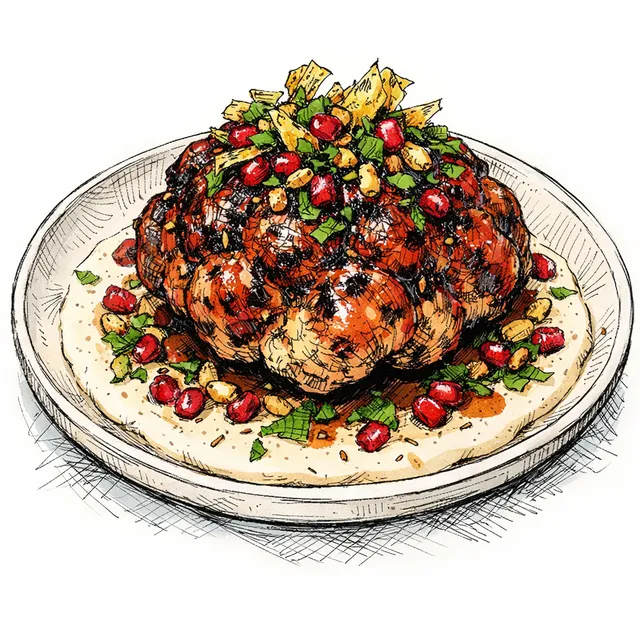 High-Heat Pomegranate Glazed Whole Cauliflower with Velvet Tahini & Jeweled Herb Shatter