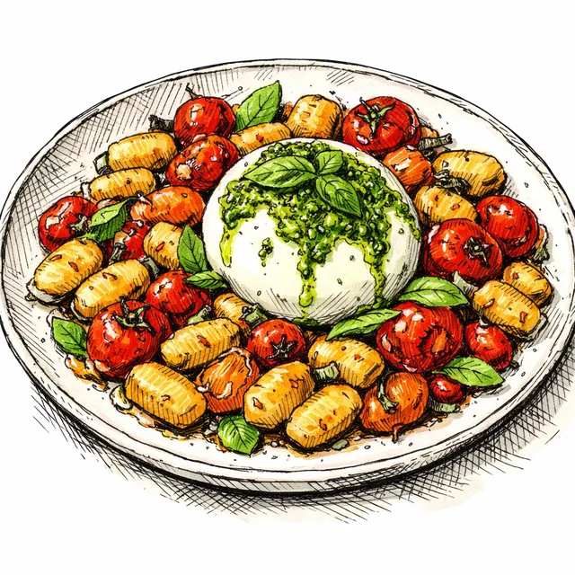 Sheet-Pan Crispy Gnocchi with Blistered Tomatoes & Pesto Burrata