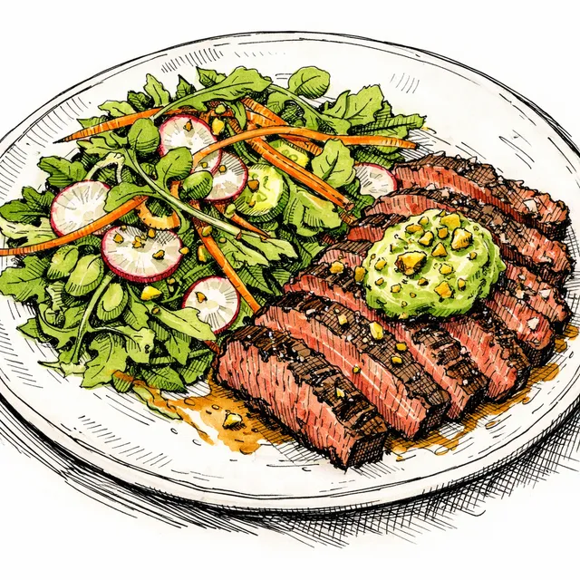 Bavette Steak with Whipped Green Garlic–Pistachio Butter & Spring Crunch Salad
