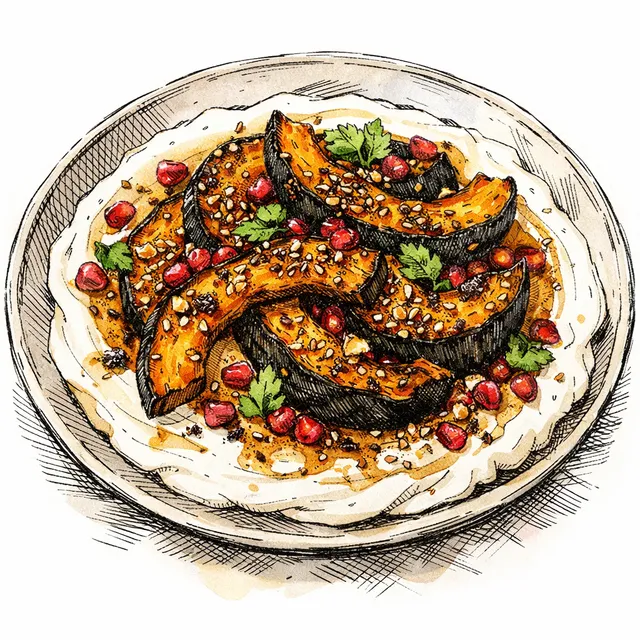 Fire-Charred Kabocha Squash with Sizzling Sesame-Ginger Tatbilah & Pomegranate over Whipped Sheep's Milk Labneh