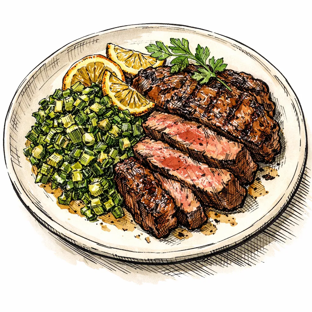 Cast-Iron Ribeyes with Collard &amp; Spring Onion Salsa Verde by Marcus Stone | inspochef | inspochef