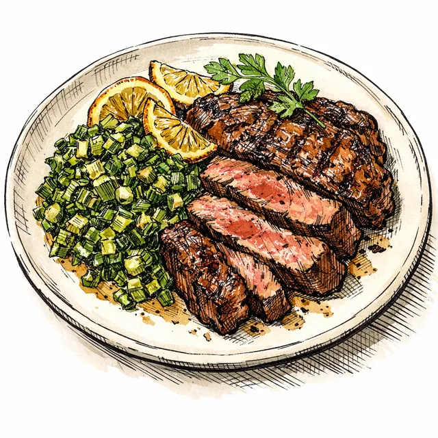 Cast-Iron Ribeyes with Collard & Spring Onion Salsa Verde