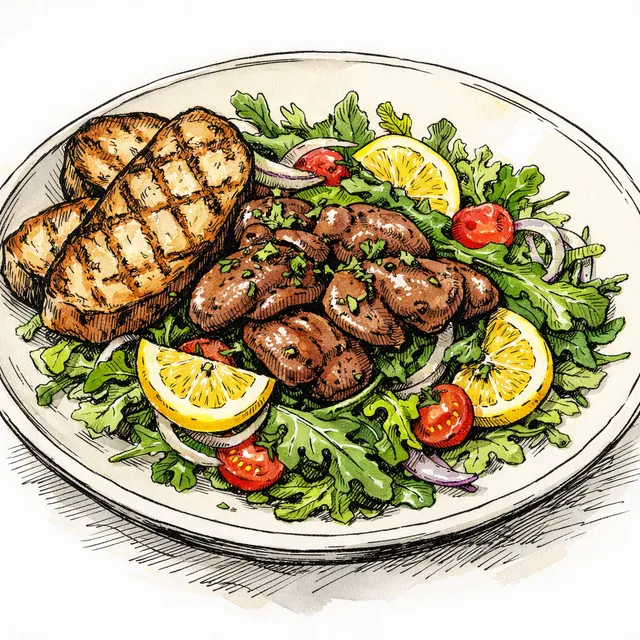 Warm Poached Chicken Liver Bistro Salad with Meyer Lemon & Grilled Levain