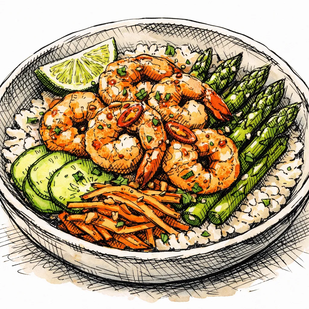 Saigon Sunset Flash-Seared Shrimp &amp; Asparagus Bowl by Chef Mira Lin | inspochef | inspochef