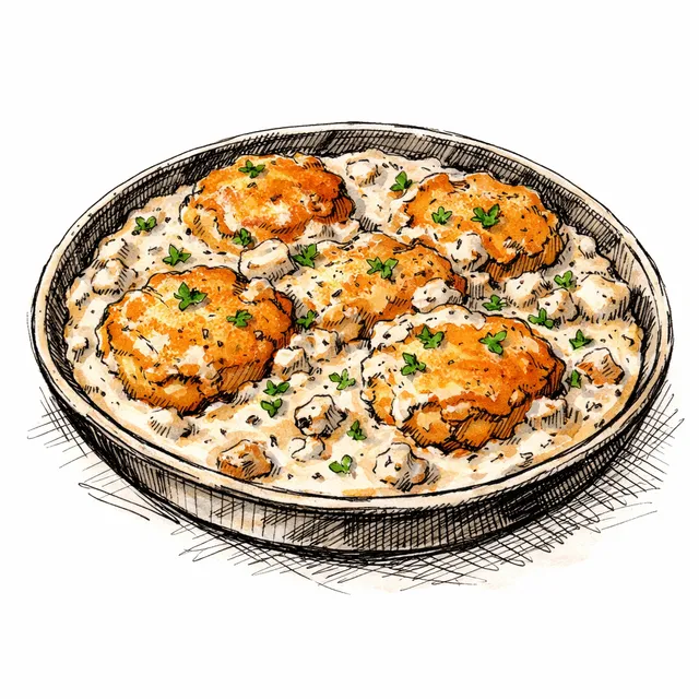 Cast-Iron Sweet Potato Biscuit & Country Sausage Gravy Bake