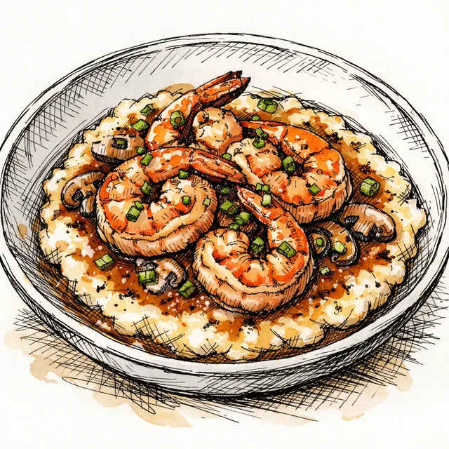 Elevated Gulf Shrimp & Stone-Ground Grits with Sherry-Umami Gravy