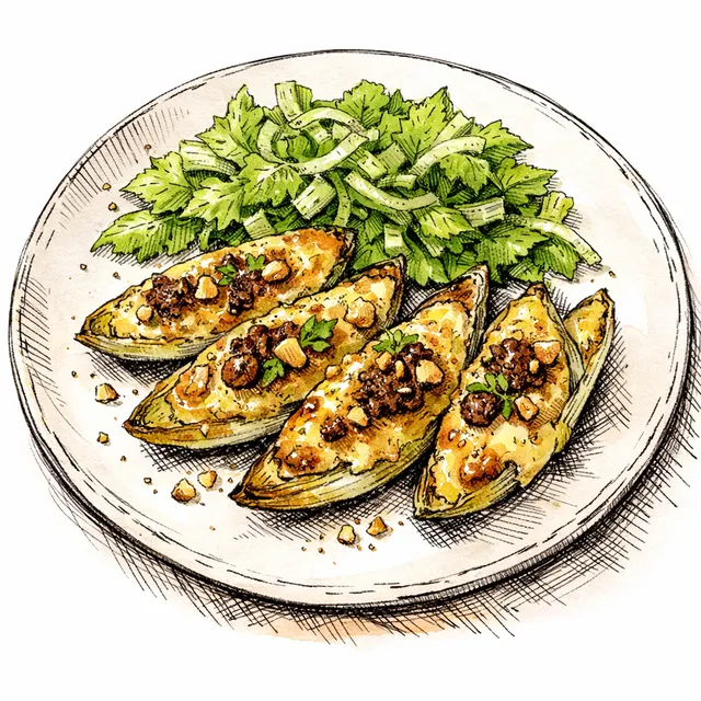 Endive & Comté “Barquettes” Gratinées with Hazelnut–Date Butter + Quick Celery-Leaf Salad