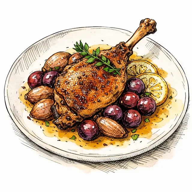 Crispy Roasted Duck Leg Confit with Burst Grapes, Melting Shallots & Meyer Lemon Jus