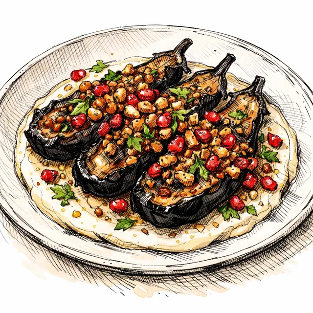 Fire-Charred Eggplants with Sizzling Hazelnut-Za'atar Crunch & Pomegranate Tatbilah over Velvet Smoked Garlic Tahini