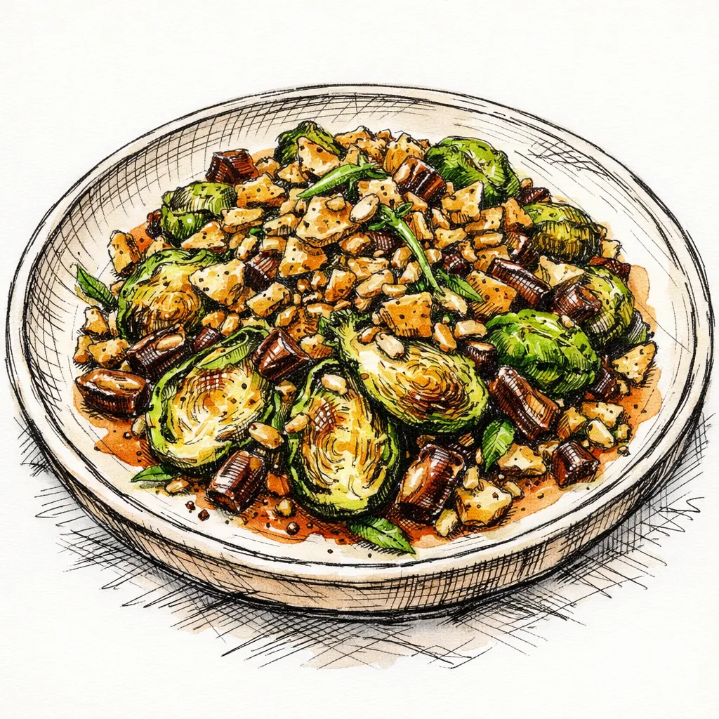 Hot-Honey Harissa Brussels Sprouts Salad with Crunchy Pita “Granola,” Dates, and a Warm Sumac-Pickle Dressing by Yael Mizrahi | inspochef | inspochef