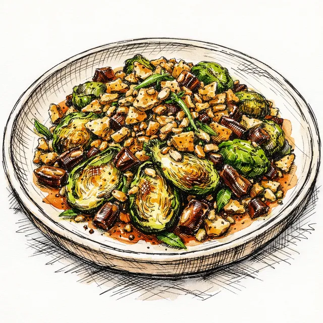 Hot-Honey Harissa Brussels Sprouts Salad with Crunchy Pita “Granola,” Dates, and a Warm Sumac-Pickle Dressing