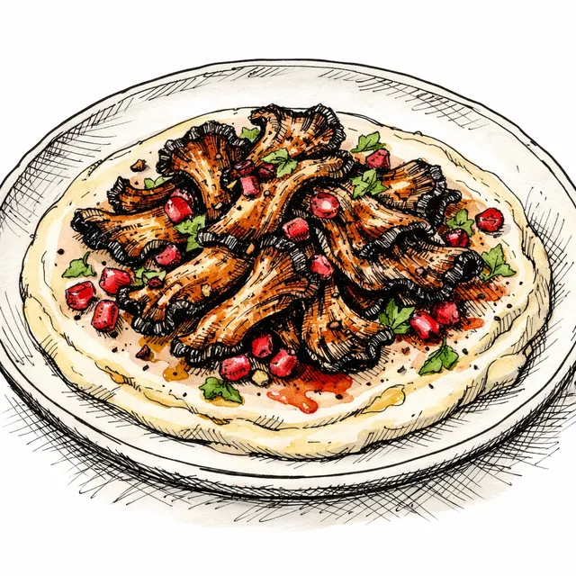 Fire-Torn Oyster Mushrooms with Pomegranate Glaze over Velvet Butter Bean Tahini