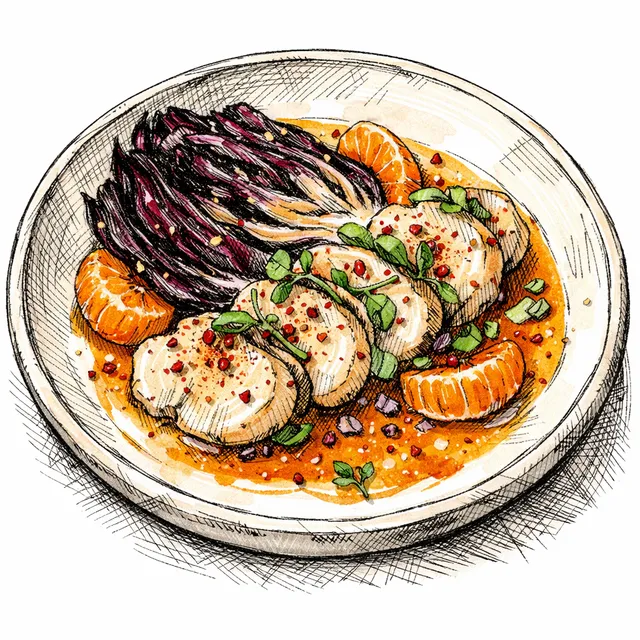 Scallop Tataki with Shio-Koji Quick Cure, Charred Radicchio, and Tangerine–Shoyu Emulsion (with Gochugaru Heat)