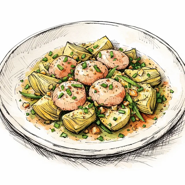 Rosé-Poached Scallops with Warm Artichoke Hearts + Tarragon–Chive Vinaigrette (and a Little Celery Salt Crunch)