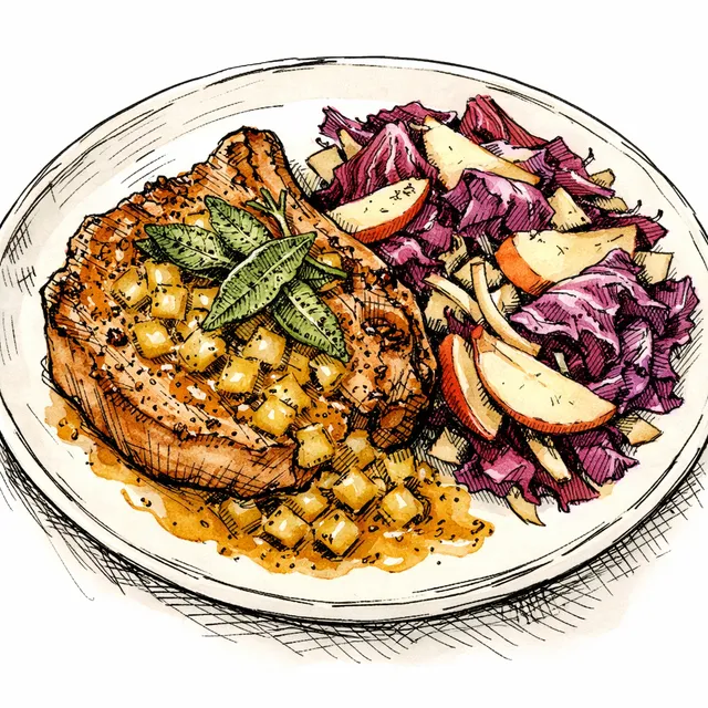 Winter Market Pork Chops with Quick Pear-Mustard Pan Sauce, Crispy Sage & Warm Radicchio-Apple Salad
