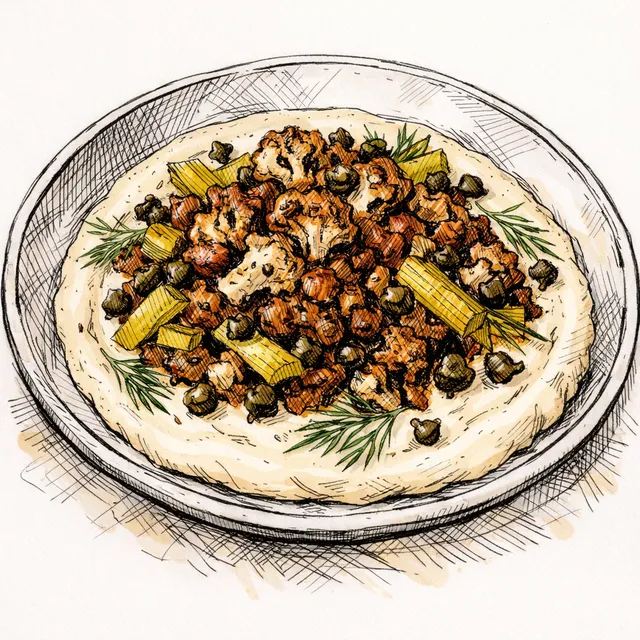 Charred Cauliflower Shawarma “Ragù” on Creamy Cannellini–Tahini Purée with Saffron Pickled Celery, Crispy Capers & Dill