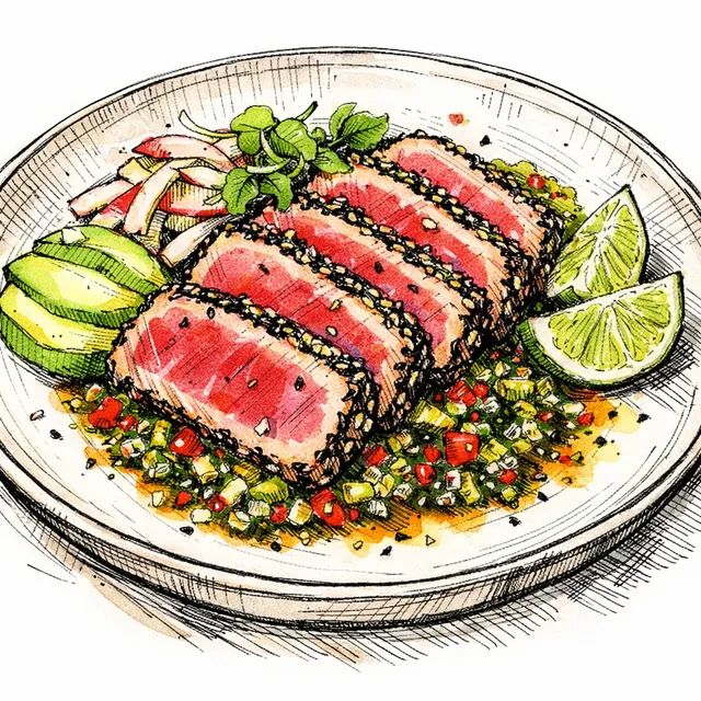 Nikkei Sesame-Seared Ahi Tuna with Yuzu-Rocoto Chimichurri