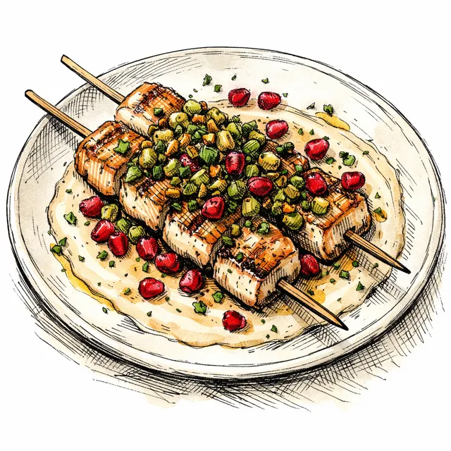 Fire-Roasted Sea Bass Skewers with Sizzling Pistachio-Caper Crisp
