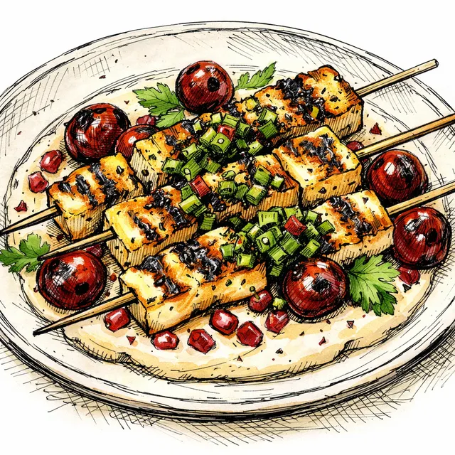 Fire-Charred Halloumi Skewers with Blistered Sweet Cherries & Charred Scallion Shatta over Pomegranate Tahini