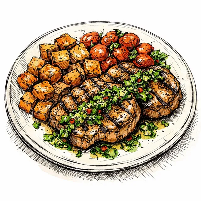 Sheet-Pan Smoky Pork Chops with Roasted Sweet Potatoes, Burst Tomatoes & Quick Chimichurri