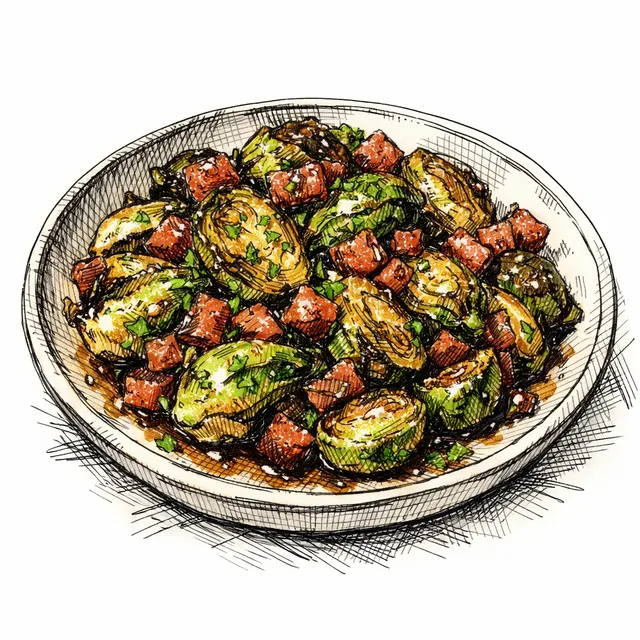 Cast-Iron Brussels Sprouts with Country Ham “Cracklins,” Cane Syrup Shine & Hot Vinegar Glaze