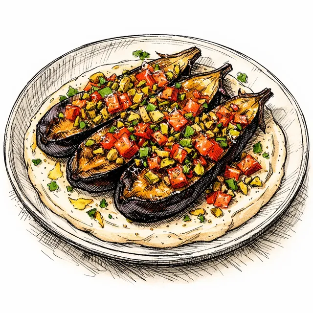 Fire-Roasted Eggplants with Sizzling Pistachio-Aleppo Crunch & Fresh Tomato Shatta over Velvet Lemon Tahini