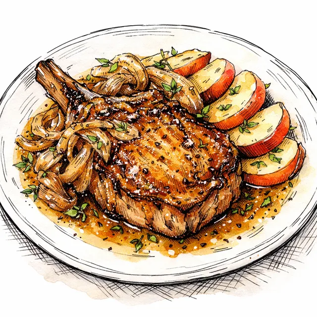 Pan-Roasted Heritage Pork Chops with Melted Shallots, Crisp Apples & Cider-Dijon Pan Sauce