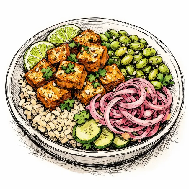 The Hanoi-to-Havana Citrus-Mojo Crispy Tofu & Quick-Pickled Onion Edamame Bowl