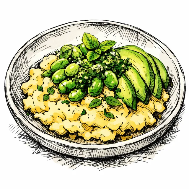 Brouillade with Butter-Warmed Favas, Avocado & Mint Pistou