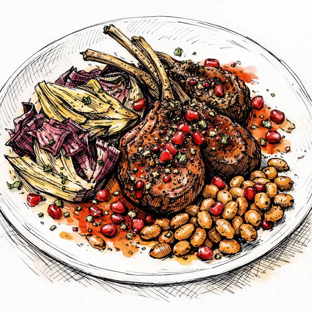 Spice-Rubbed High-Heat Lamb Chops with Charred Fennel–Radicchio, Crispy Cannellini, and Hot Pomegranate–Anchovy Butter