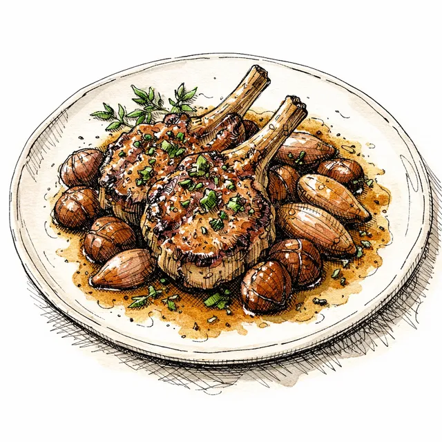 The Belgioioso Salotto: Gentle Pan-Seared Veal Chops with Sweet Shallots, Roasted Chestnuts, and Dry Vermouth Pan Sauce