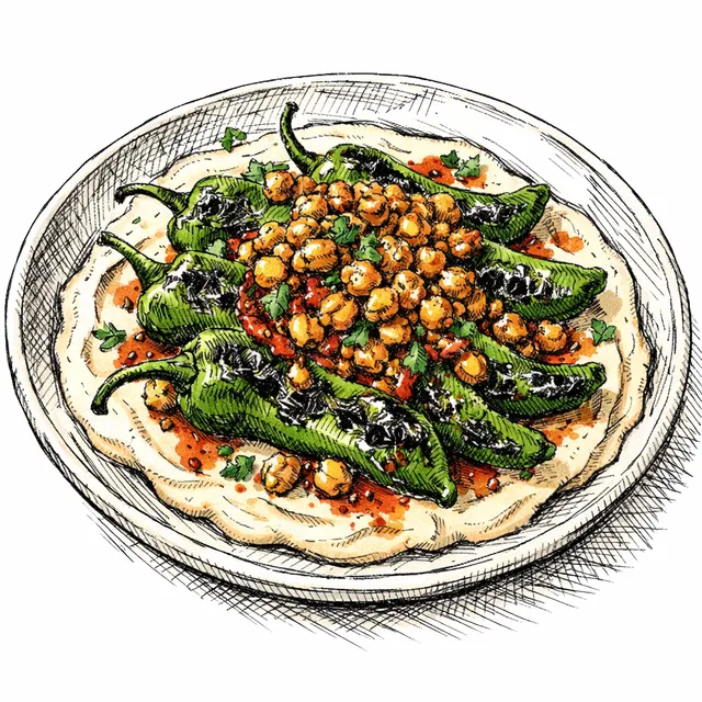 Fire-Charred Padrón Peppers with Sizzling Chickpea-Walnut Crunch
