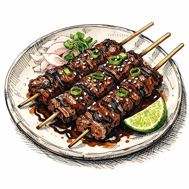 "Hebi-Giri" Skirt Steak Skewers with Black Garlic-Aji Panca Tare