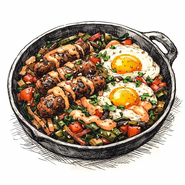 Slow-Braised Merguez & Swiss Chard Morning Skillet with Velvet Harissa-Tahini