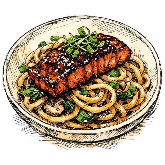 Tamarind-Black Garlic Glazed Salmon over Miso-Brown Butter Udon