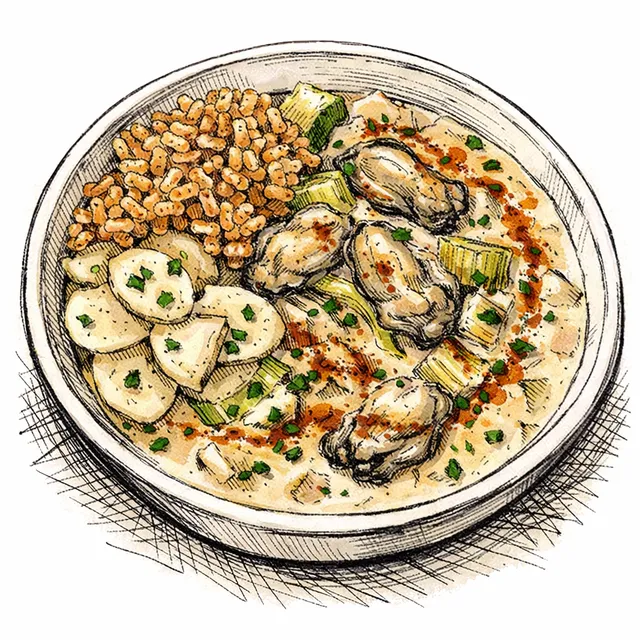 Smoky Oyster & Leek Chowder with Crunchy Carolina Rice, Celery-Root Pickles & Hot-Pepper Brown Butter