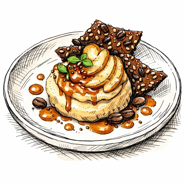 Browned-Butter Caramel Pear Mousse with Coffee–Sesame Brittle