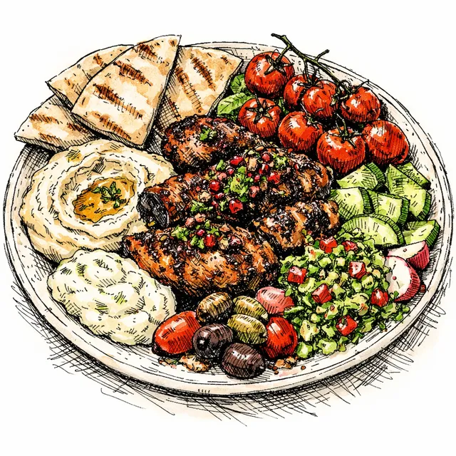 High-Heat Charred Sumac Chicken Mezze Platter with Blistered Tomatoes & Ruby Herb Crunch