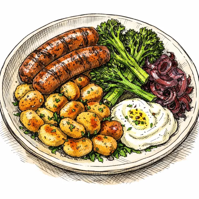 Sheet-Pan Italian Sausages with Crispy Gnocchi, Broccolini & Jammy Onions + Lemon-Garlic Yogurt
