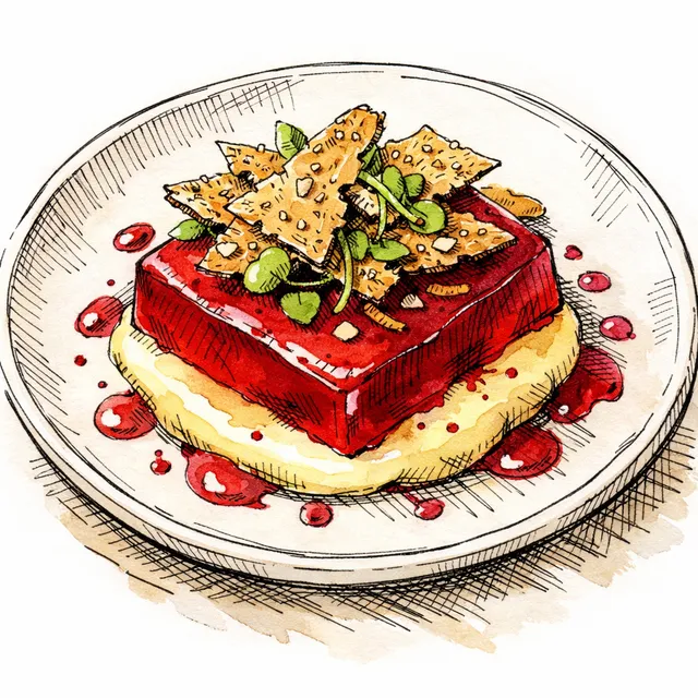 Blood Orange–Campari Gelée with Bay-Bean Custard & Almond–Fennel Shatter