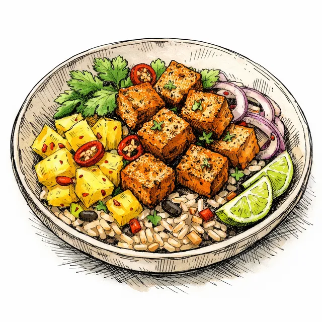 The Muscat-to-Mérida Spiced Crispy Tofu & Quick-Pickled Pineapple Desk Escape