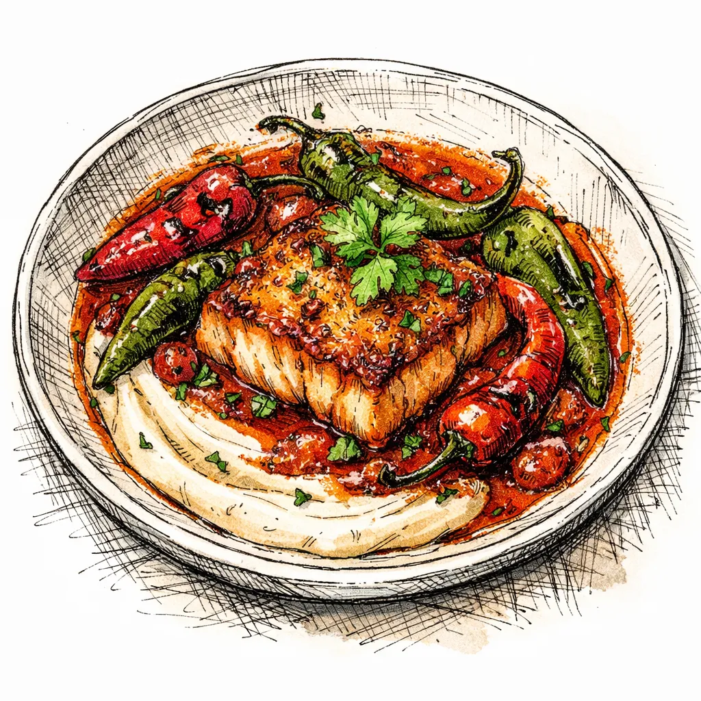 Pan-Seared Halibut Chraime with Blistered Peppers &amp; Velvet Tahini by Yael Mizrahi | inspochef | inspochef