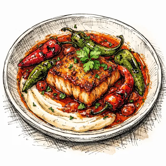 Pan-Seared Halibut Chraime with Blistered Peppers & Velvet Tahini