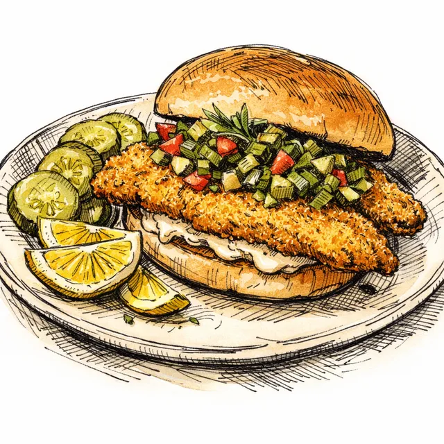 Cornmeal-Crusted Catfish Sandwiches with Pickled Collard Relish & Umami Remoulade