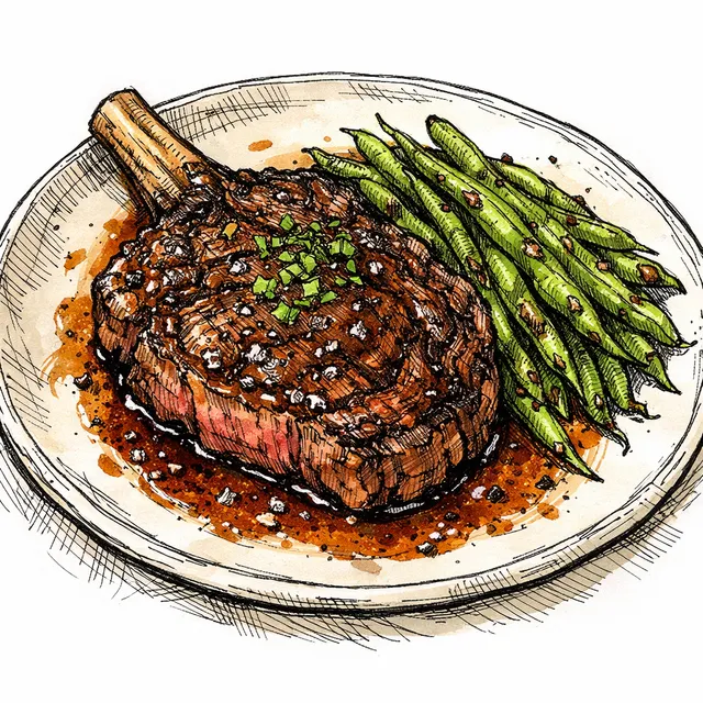 Cast-Iron Seared Bone-In Ribeye with Bourbon Red-Eye Pan Sauce & Blistered Pole Beans