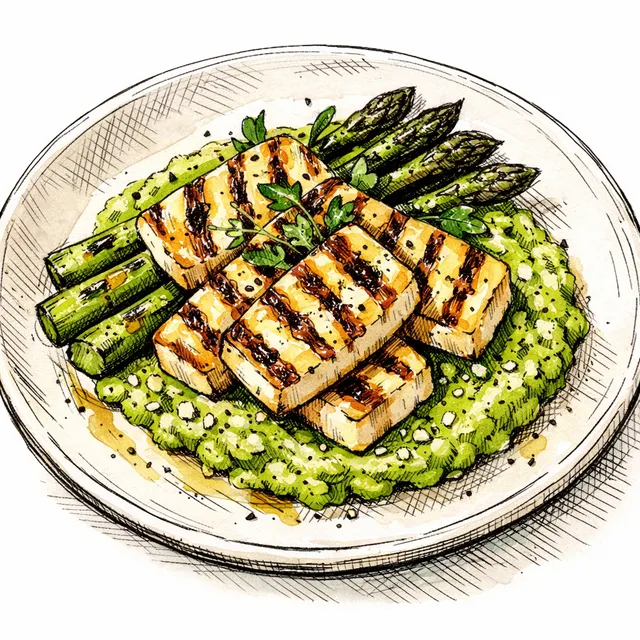 Fire-Grilled Halloumi over Smashed Spring Pea Tahini with Scorched Asparagus