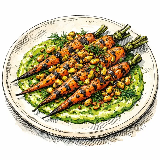 Fire-Charred Spring Carrots with Emerald Dill Tahini & Spiced Pistachio Crunch