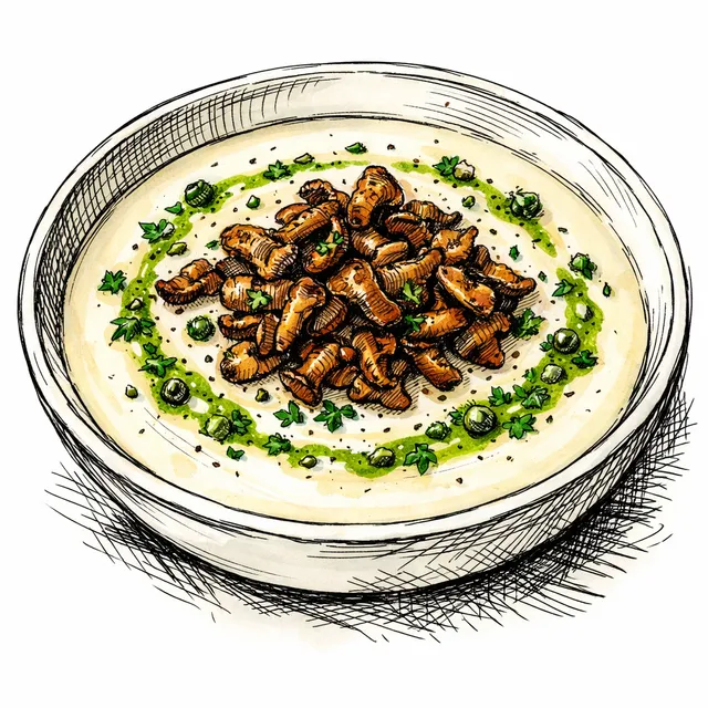 Celery Root–Parsnip Bistro Velouté with Crispy Mushrooms + Parsley–Caper Herb Oil